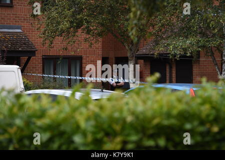 Polizei bei einer Immobilie in Stanwell, Surrey, die wird von der Polizei untersucht die Parsons Green Bombardierung gesucht wird. Stockfoto