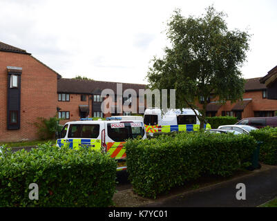 Fahrzeuge der Polizei in einem Hotel in Stanwell, Surrey, die von den Offizieren die Untersuchung der Parsons Green Bombardierung gesucht wird. Stockfoto