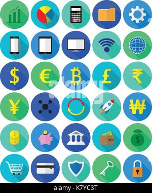 Vektor einfach zu bedienende 30 bunte fintech Flachbild Symbole mehrere Währungen auf weißem Hintergrund, die in der Technologie, Übertragen und Speichern Stock Vektor