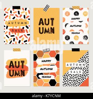 Ein Satz von sechs abstrakt Herbst Designs in Gelb, Rot, Braun, Weiß und Orange. Plakat, Broschüre oder Grußkarte Vorlagen mit Text. Stock Vektor