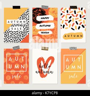 Ein Satz von sechs abstrakt Herbst Designs in Gelb, Rot, Braun, Weiß und Orange. Plakat, Broschüre oder Grußkarte Vorlagen mit Text. Stock Vektor