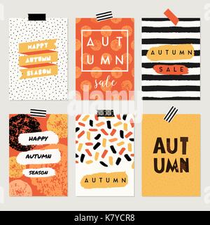 Ein Satz von sechs abstrakt Herbst Designs in Gelb, Rot, Braun, Weiß und Orange. Plakat, Broschüre oder Grußkarte Vorlagen mit Text. Stock Vektor