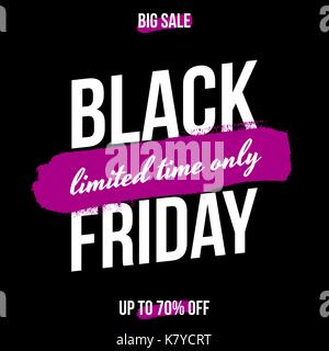 Abstract Schwarzer Freitag verkauf Design mit Text in weißen und violetten Pinselstrichen auf schwarzen Hintergrund. Plakat, Broschüre oder Grußkarte square Vorlage w Stock Vektor