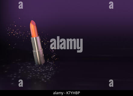 Glitzernde Orange Lippenstift auf dunklen Luxuriöse violette Hintergrund mit Partikeln, die um Sie herum Stockfoto