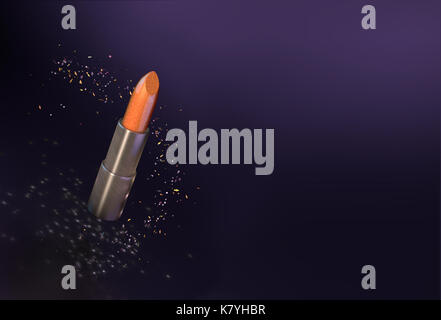Glitzernde Orange Lippenstift auf dunklen Luxuriöse violette Hintergrund mit Partikeln, die um Sie herum Stockfoto
