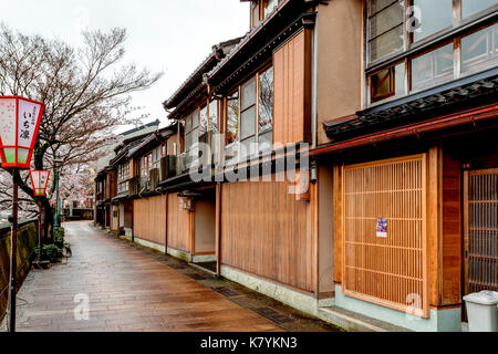 Kazue-machi Chaya beliebten touristischen Viertel, Kanazawa. Edo periode Straße, Mix aus traditionellen Japanischen Gasthäuser, Ryokan, und Gehäuse und Kirschblüten. Stockfoto