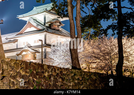 Burg Kanazawa, Japan. 'Hishi' Yagura, Revolver, von außen gesehen, Kahoku-mon Tor. Nacht. Kirschblüten beleuchtet. Stockfoto