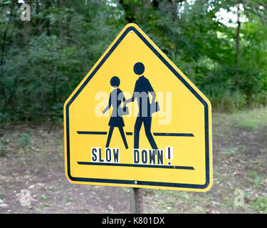 Schule crossing Schild mit Schriftzug verlangsamen Stockfoto