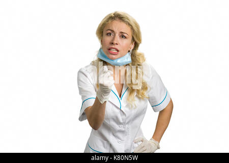 Portrait von Angry Ärztin oder Krankenschwester. Stockfoto