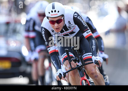 Team Sunweb fertig aus stark die Goldmedaille als Außenseiter den Titel bei den mannschaftszeitfahren am Eröffnungstag der Strassen-WM in Bergen, Norwegen zu sichern. Stockfoto