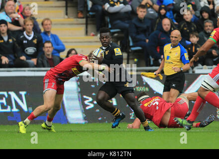 Christian Wade während der Aviva Premiership Rugby Match zwischen Wespen RFC v Harlekine F.C am Sonntag, 17. September 2017 in der Ricoh Arena in Coventry. Kredit Leila Coker Stockfoto