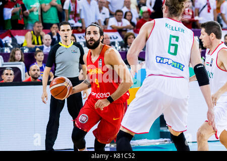 September 7, 2017: Ricky Rubio #9 (ESP) während der FIBA Basketball-europameisterschaft 2017 - Gruppe C, Spiel zwischen Ungarn und Spanien bei Polyvalenten Halle, Cluj-Napoca, Rumänien ROU. Foto: Cronos Stockfoto