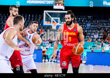 September 7, 2017: Ricky Rubio #9 (ESP) während der FIBA Basketball-europameisterschaft 2017 - Gruppe C, Spiel zwischen Ungarn und Spanien bei Polyvalenten Halle, Cluj-Napoca, Rumänien ROU. Foto: Cronos Stockfoto