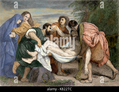 Die Grablegung Christi. Gravur, 1890. Von einem ursprünglichen Gemälde von Tizian, um 1520. Stockfoto