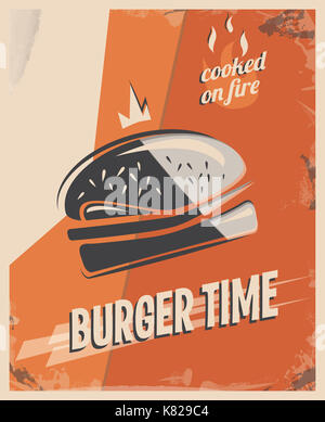 Retro Poster mit Burger mit Rindfleisch. Restaurant Konzept und Design. Vintage Style Hintergrund. Abbildung. Stockfoto