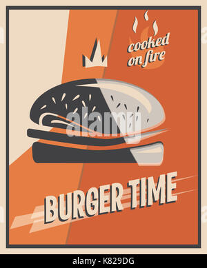 Retro Poster mit Burger mit Rindfleisch. Restaurant Konzept und Design. Vintage Style Hintergrund. Abbildung. Stockfoto