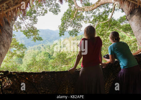 Frauen in einem Baumhaus an der Gibbon Erfahrung in der Nähe von Huay Xai auf dem Mekong Fluss in der Nähe der Laos/thailändischen Grenze. (90) Stockfoto