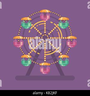 Jahrmarkt Karneval flachbild Abbildung. Abbildung Vergnügungspark mit einem Riesenrad bei Nacht auf lila Hintergrund Stock Vektor