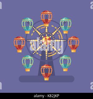 Jahrmarkt Karneval flachbild Abbildung. Abbildung Vergnügungspark mit einem Riesenrad bei Nacht auf blauem Hintergrund Stock Vektor