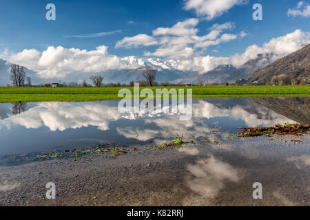 Das Naturschutzgebiet Pian di Spagna mit schneebedeckten Gipfeln im Wasser valtellina Lombardei Italien Europa überflutet Stockfoto