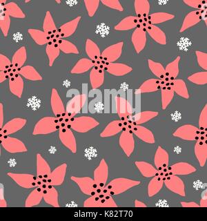 Winter nahtlose Muster mit weihnachtssternen und Schneeflocken in Rot und Weiß auf grauem Hintergrund. Stock Vektor
