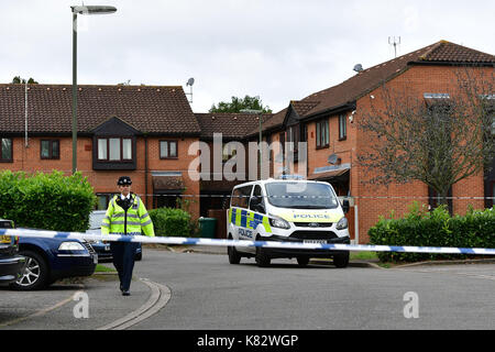 Die Szene in einem Hotel in Stanwell, Surrey, die wird von der Polizei untersucht die Parsons Green Bombardierung gesucht wird. Stockfoto