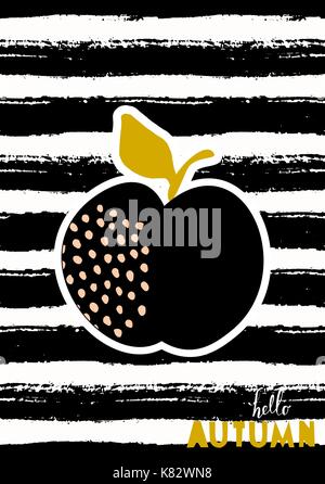 Hallo herbst Grußkarten-Design mit einem Apple auf gestreiften schwarzen und weißen Hintergrund. Stock Vektor