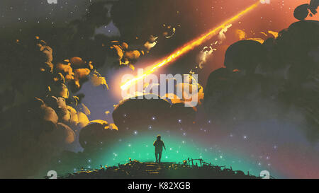 Nacht Landschaft eines Jungen auf der Suche der Meteor in den bunten Himmel, digital art Stil, Illustration Malerei Stockfoto
