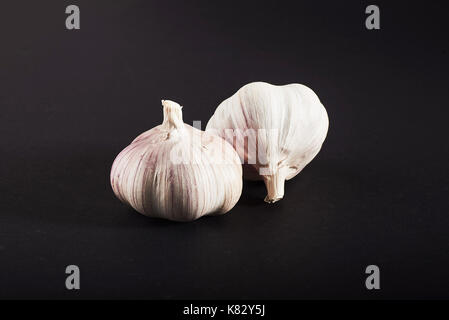 2 frischen Knoblauch Zwiebeln auf einem schwarzen Hintergrund. Stockfoto