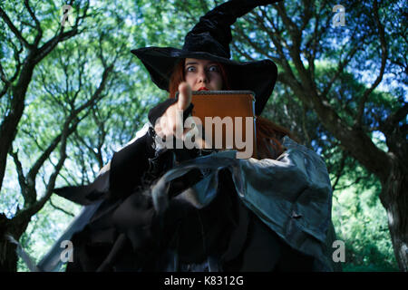 Foto von Hexe in Hut mit Buch zeigt mit dem Finger in die Kamera, sitzen in dunklen Wald Stockfoto