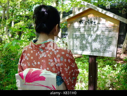 Akita, Japan - 17. Mai 2017. Eine Frau im Kimono in Hakuba Samurai Bezirk Akita, Japan. Hakuba ist eine ehemalige Burg der Stadt und Samurai st Stockfoto