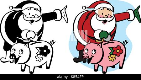 Santa Claus setzt Geld in einem Sparschwein auf Weihnachtsgeschenke zu speichern. Stock Vektor