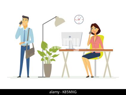 Kollegen im Büro - Moderne cartoon Menschen Zeichen Abbildung. Eine Frau sitzt am Computer und ein stehender Mann am Telefon zu sprechen. Stock Vektor