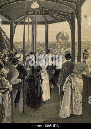 Frankreich. Paris. Weltausstellung von 1889. Start der Post Ballons aus der zweiten Plattform des Eiffelturms. Gravur. Stockfoto