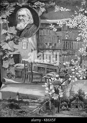 Eine Illustration für den 100. Geburtstag von August Heinrich Hoffmann von Fallersleben, 1798-1874, ein deutscher Dichter, auf seinem Schreibtisch, der Garten sein Geburtshaus und das Palais von Corvey, Digital verbesserte Reproduktion einer Vorlage woodprint aus dem 19. Jahrhundert Stockfoto