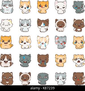 Cute Cartoon, Katzen und Hunde mit unterschiedlichen Emotionen. Aufkleber Sammlung. Vektor einrichten von Doodle Emoji und Emoticons. Stock Vektor