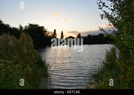 Blick vom Weg über Angeln pool See Wasser um Sonnenuntergang im Spätsommer an carney Pools in der Nähe von Hayes in Staffordshire, England, UK Stockfoto