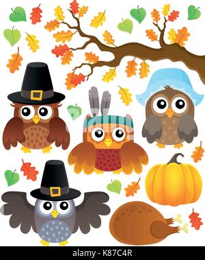 Thanksgiving Eulen thematische Set 1-eps 10 Vector Illustration. Stock Vektor