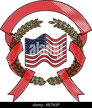 United States flag innerhalb des Kreises der Olivenzweige und Farbband Interlace in farbige Kreide Silhouette Stock Vektor