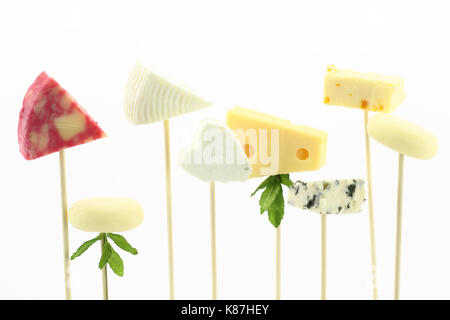 Verschiedene Käsesorten auf Weiß isoliert Stockfoto