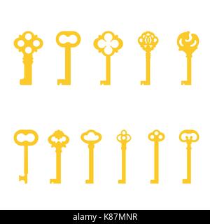 Vektor-Illustration festgelegt, Sammlung der goldenen alten Schlüssel Silhouette. Vintage Schlüsselsymbol. Dekorative, Mittelalter, alte Schlüssel Stock Vektor