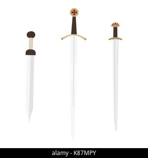 Vector Illustration der Ritterschlag Schwert der Tempelritter, Römischer gladius Schwert und Viking sword isoliert auf Weiss. Mittelalterliche Waffe, Sammlung Stock Vektor