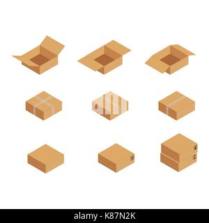 Vector Illustration collection, Set brown box Verpackung recycelt werden. Karton mockup eingestellt. Realistische Abbildung von 10 Karton mockups für das Web. Stock Vektor