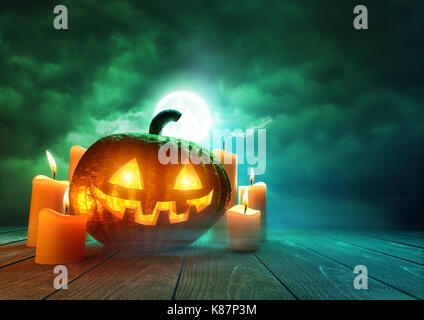 Eine leuchtende Kürbis Jack-O-Lantern beleuchtet durch eine unheimliche grüne Mondlicht auf Halloween, mixed media Abbildung. Stockfoto