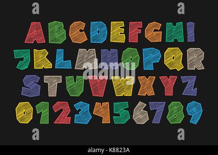 Der stilisierte Alphabet Buchstaben und Zahlen. Vektor, Cartoon Stil Schriftart. Kids, Bunte Schrift Design. Comics oder Animation dekorative typesett Stock Vektor