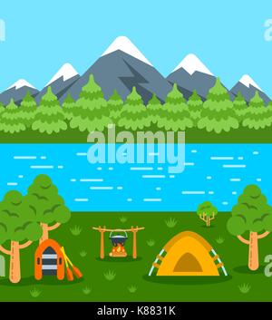 Camping Sommer Hintergrund. Vektor flachbild Abbildung. Natürliche Landschaft mit Bergen, Wald und Fluss. Zelt, Lagerfeuer mit Topf und Boot mit Ruder. W Stock Vektor
