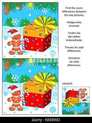 Weihnachten oder Neujahr visuelle Rätsel: Die sieben Unterschiede zwischen den beiden Bildern von Ingwer Mann, Präsentieren, Tannenbaum, Zweige und Schneeflocken finden. Antwort enthalten. Stock Vektor
