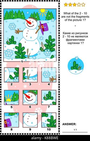Weihnachten, Winter oder Silvester visuelle Logik Puzzle mit Schneemann: Was von den 2 - 10 sind nicht die Fragmente des Bildes 1? Antwort enthalten. Stock Vektor