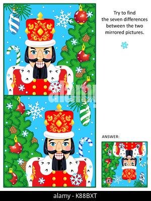 Silvester oder Weihnachten visuelle Rätsel: Die sieben Unterschiede zwischen den zwei gespiegelte Bilder der Nussknacker, Weihnachtsbaum, Christbaumkugeln, fallenden Schnee finden. Antwort enthalten. Stock Vektor