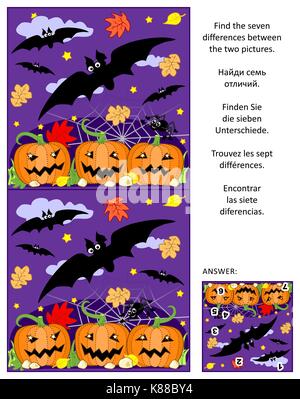 Halloween themed visuelle Rätsel: Die sieben Unterschiede zwischen den beiden Bilder von fliegende Fledermäuse, Kürbis, Spinne finden. Antwort enthalten. Stock Vektor